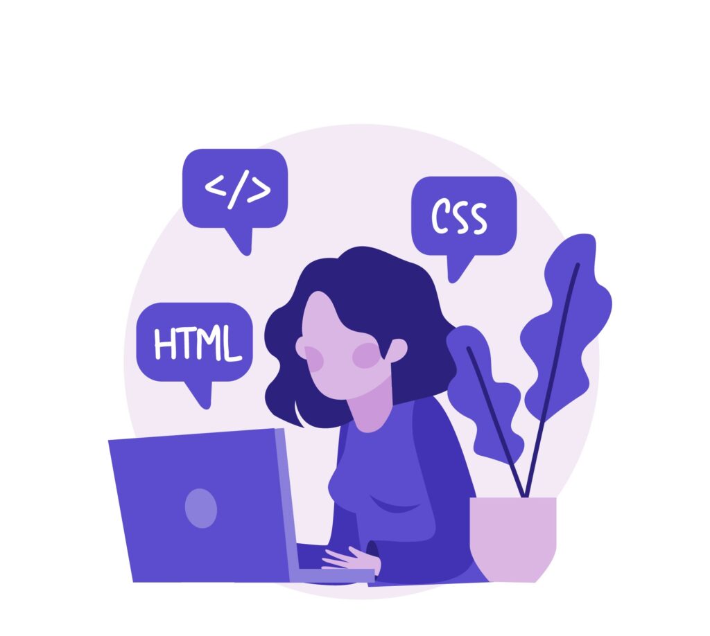 Uma garota sentada aprendendo programação do zero, em tons de roxo com balões com os nomes de algumas línguas